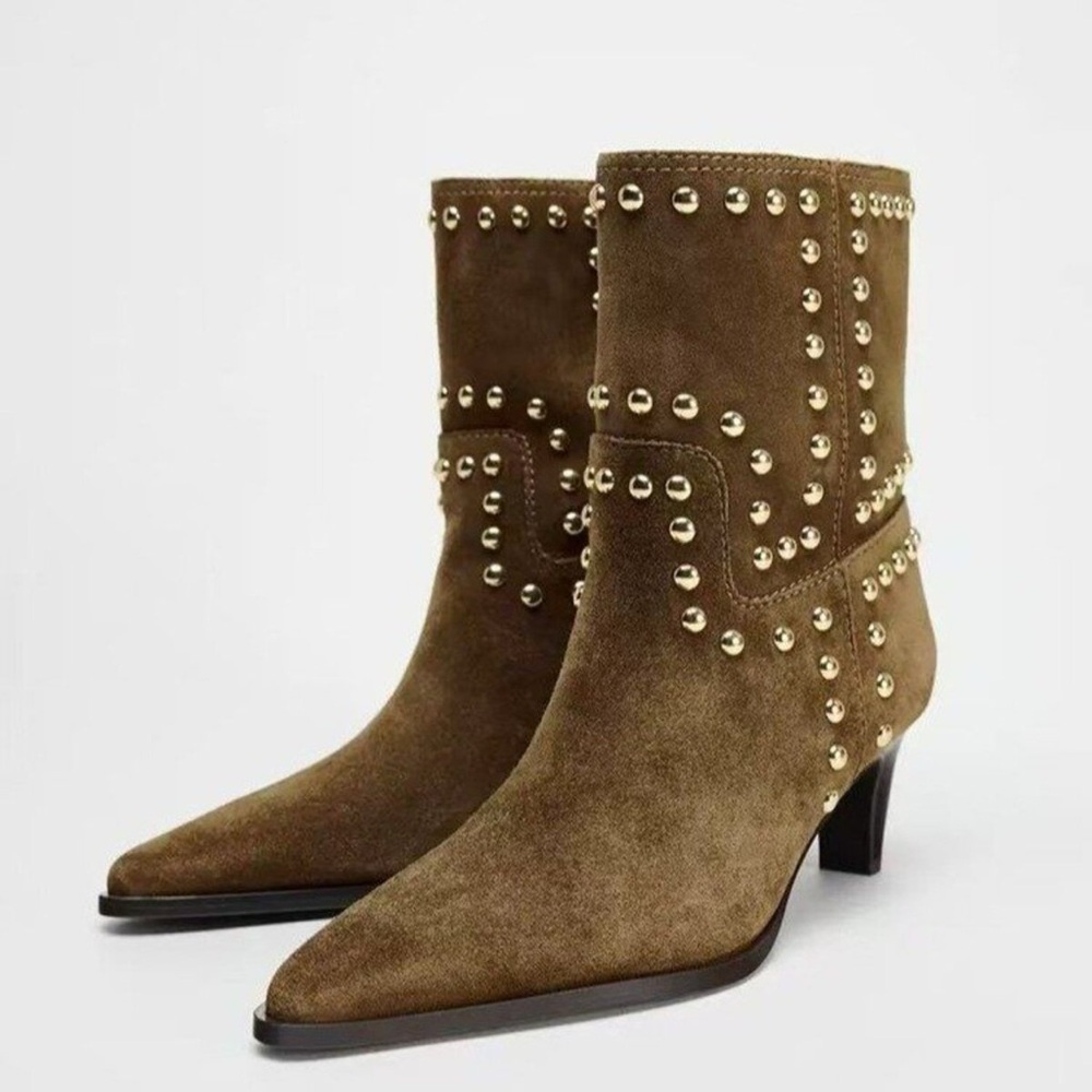 🤎 Hello Kitten!  Studded PU Suede Pointed Toe Kitten Heels Boots - Brown - Picture 2 of 8